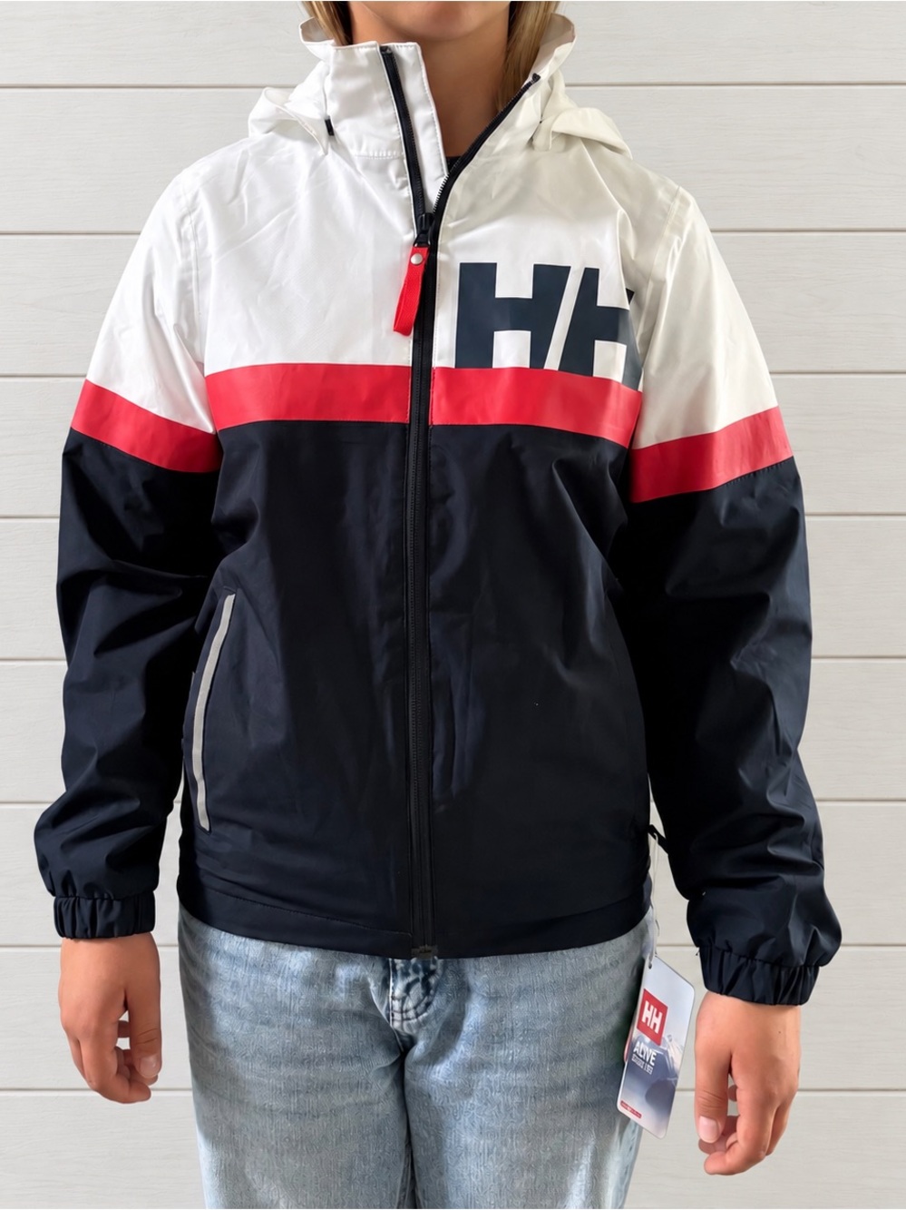 Helly Hansen Kids' Navy, White & Red Hooded Windbreaker Jacket Rain Coat Size 12